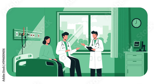 Medical Consultation In Modern Hospital Room With Doctors And Patient Talking About Health