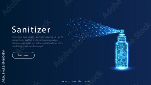 lowpoly Neon blue hand sanitizer bottle graphic on a reflective black background, hygiene concept
