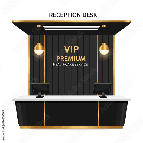 Luxurious VIP Healthcare Service Reception Desk Illustration With Golden Accents and Modern Design