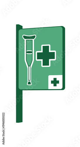 Medical Aid Symbol with Crutch and First Aid Cross Signaling Healthcare Assistance