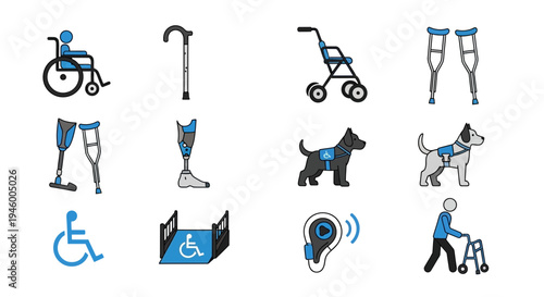 Medical Aids Icons Show Wheelchair, Assistance Dog, Crutches, And Prosthetic Leg Representations