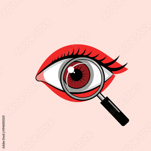 Magnified Crimson Eye Revealing Details Under Scrutiny with Bold Red Lips and Lashes