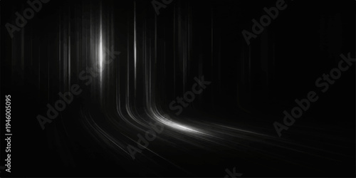 Abstract black and white dark background featuring digital motion lines and a 3d wave pattern with a blue light flash and speed blur texture for a sleek night space design