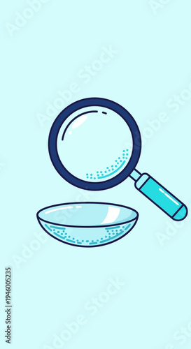 Magnifying Lens Above Contact Lens Demonstrating Eyecare With Blue Tones on Pale Background