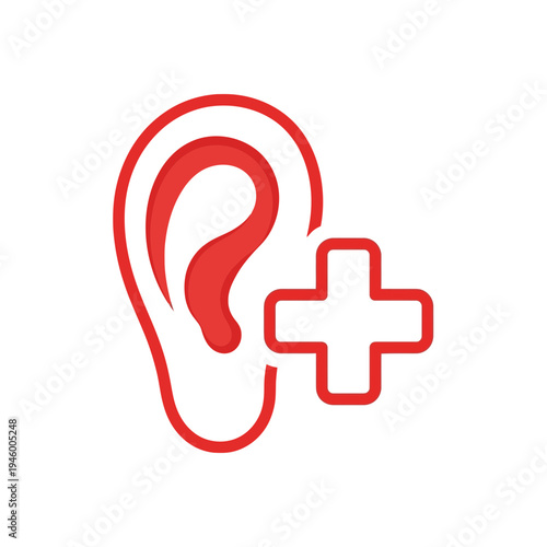 Medical Audiology Icon: Enhanced Hearing Concept with Symbolic Red Ear and Addition Sign