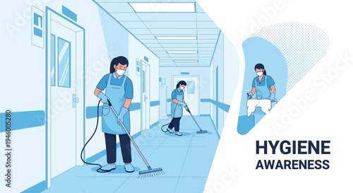 Maintaining Cleanliness, Promoting Hygiene, Healthcare Workers Cleaning Hospital Corridors