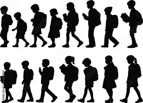 Children silhouettes, school backpacks, student figures, kids walking, abstract silhouettes, education concept, outdoor activity, playful students, group illustration, learning commute