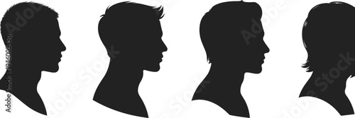 Black silhouette profiles of four male heads with different hairstyles, fashion grooming illustration for barber, salon, style design