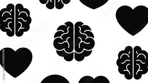 Black and white seamless pattern featuring human brain and heart icons on white background.