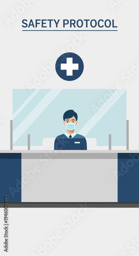 Maintaining Safety Standards: Receptionist Wearing Mask Behind Protective Barrier for Enhanced