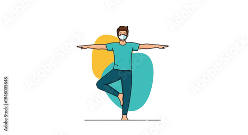 Man In Mask Balancing During Exercise On One Leg With Arms Extended Outward