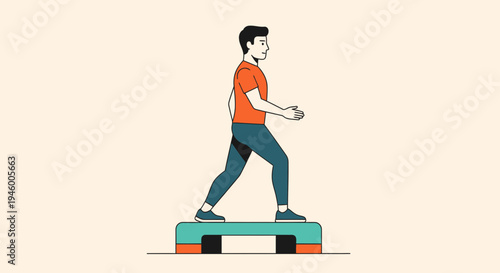 Man Performing Step Aerobics Exercise on Platform Illustrative Vector in Minimal Style