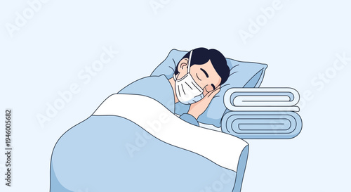 Man Resting In Bed Wearing Mask During Illness, Illustration In Blue Tones