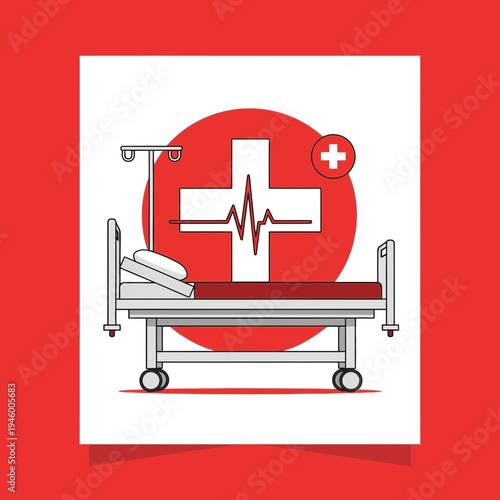 Medical Bed Iconography Illustrating Healthcare with Red Cross and Vital Sign Monitoring