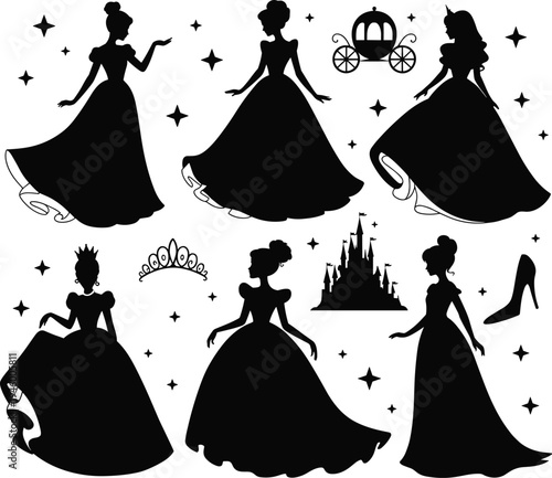 Elegant princess silhouettes in royal gowns, fairy tale castle, carriage, tiara, sparkling stars, fantasy fashion illustration design
