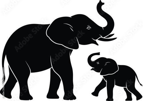 Minimalist black silhouette of adult elephant with baby, trunks raised in playful interaction, symbolizing family bond, wildlife love, nature