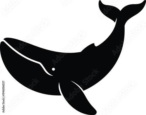 Minimalist black silhouette of whale with curved body and raised tail fin, simple design for logo, icon, nature art