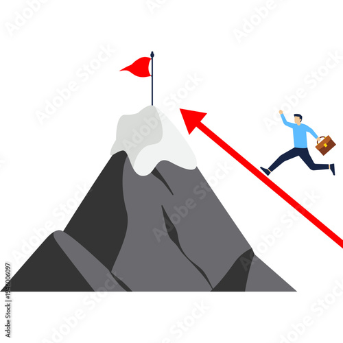 Businessman runs to the top of the mountain following the direction of the red arrow

