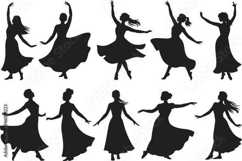 "Silhouette of graceful women dancers, elegant choreography, artistic performance, flowing dresses, expressive movement, dance illustration, cultural art concept"