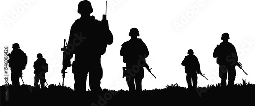 Silhouettes of armed soldiers walking on grassy terrain, military patrol teamwork, defense readiness, combat illustration, war concept background