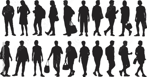 Silhouettes of diverse people walking, standing, carrying bags, casual crowd movement, human figures in motion, urban lifestyle illustration