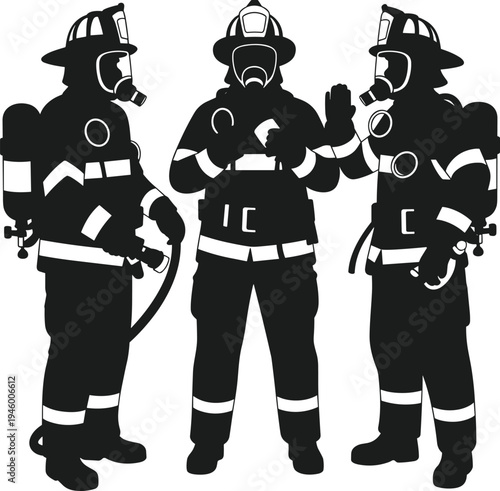 Firefighter team illustration, emergency rescue professionals in protective gear, fire safety concept, black and white silhouette artwork