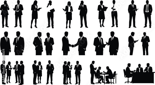 Business meeting silhouettes collection, corporate people discussion handshake teamwork office professionals set, black isolated business communication illustration bundle