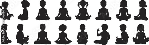 Silhouettes of children meditating, mindfulness yoga poses, calm focus, peaceful group practice, wellness illustration for education, health, spirituality