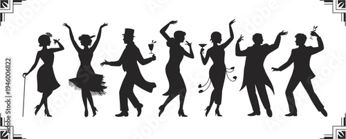 Vintage 1920s jazz age dancing silhouettes, elegant men and women celebrating, art deco style party illustration, retro nightlife concept