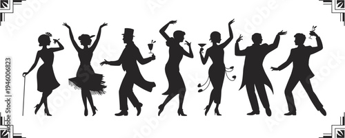 Vintage 1920s jazz age dancing silhouettes, elegant men and women celebrating, art deco style party illustration, retro nightlife theme
