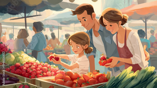 Family shopping at an outdoor market, child reaching for produce, perfect for lifestyle blogs or advertising fresh food.