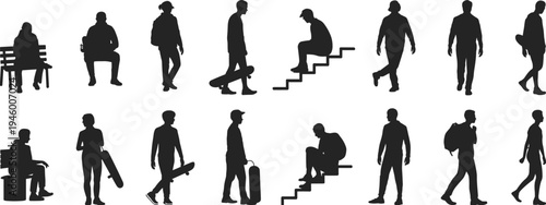 Silhouette people walking, sitting, standing, carrying backpacks, skateboards, suitcases, everyday lifestyle poses, urban activity illustration collection