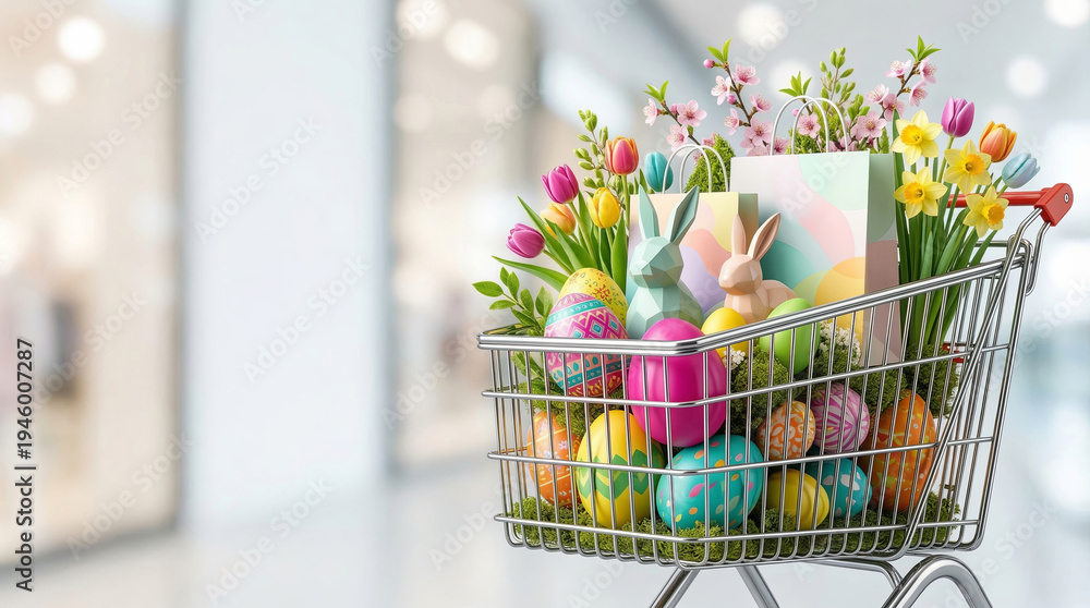 Fototapeta premium Shopping cart filled with colorful Easter eggs, tulips, daffodils, and bunny figure. Spring holiday grocery purchase for Easter celebration and decoration
