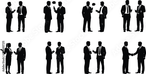 Business people silhouettes discussion set, corporate professionals talking, office communication teamwork, handshake partnership meeting, leadership negotiation concept illustration