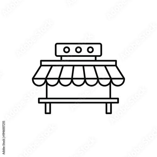 Black line icon of a food cart with awning and serving window