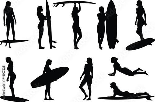 Black silhouettes of women with surfboards, surfing poses, beach lifestyle, water sports, female surfers, ocean adventure illustration