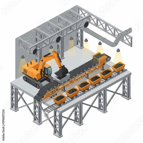 Industrial Excavator and Conveyor Belt System Loading Coal Cars.