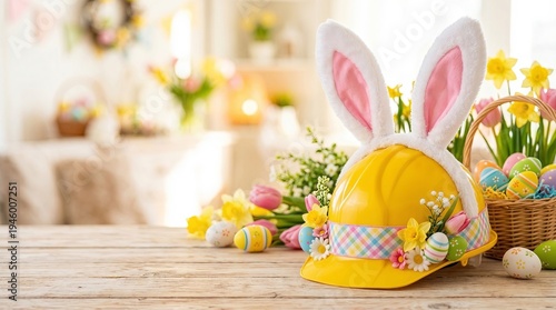 Yellow hard hat with easter bunny ears decorated with tulips daffodils and colorful eggs on wooden table. Spring easter celebration concept blending construction safety with holiday fun and seasonal