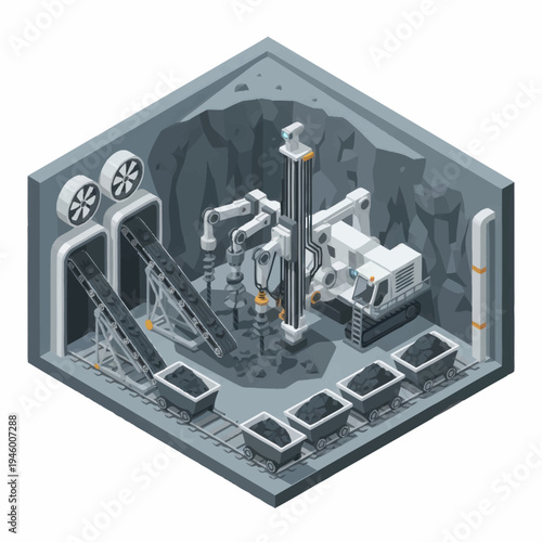 Industrial mining operation with automated machinery and coal carts.