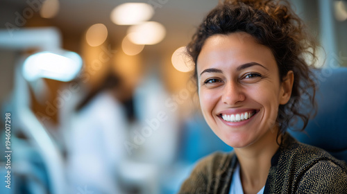 Close up portrait of a smiling Middle Eastern female psychologist from the side seated in a bright consultation chair in a professional clinic setting warm clinic lighting
