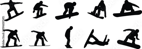 Snowboarder silhouette set performing freestyle jumps and tricks, extreme winter sports action collection isolated on white background