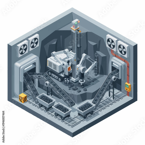 Isometric Industrial Mining Machine with Conveyor System.