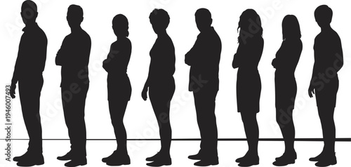Silhouette business professionals, diverse men and women, standing in line, workplace teamwork, communication, leadership, organization, corporate group illustration