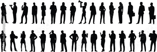 Silhouette business professionals, diverse corporate team, men and women, holding microphones, megaphones, briefcases, workplace communication, leadership illustration
