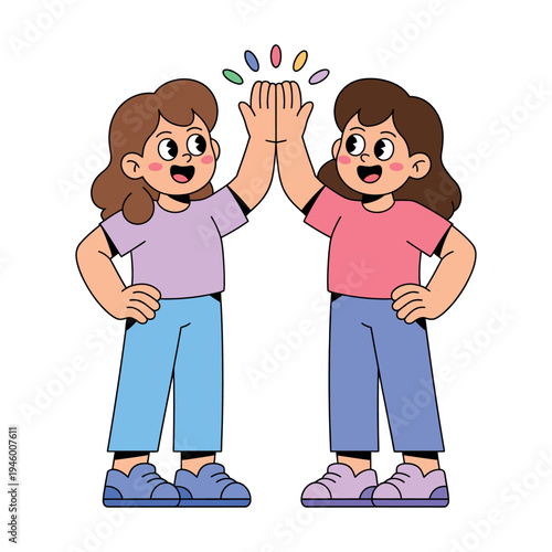Two young girls giving each other a high-five with colorful sparkles in the air
