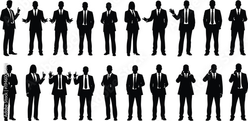 business people silhouettes, professional men women, corporate executives poses, office leadership team, business presentation gestures, isolated business figures