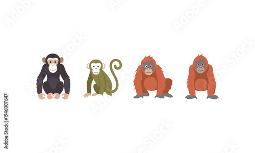 Four distinct cartoon primates sitting in a row