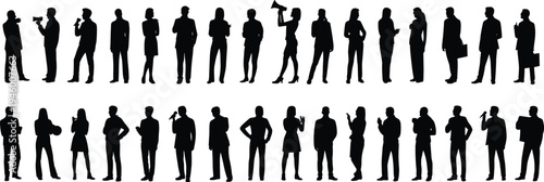 Silhouette business people, diverse professionals, corporate communication team, men and women, holding microphones, megaphones, briefcases, teamwork illustration