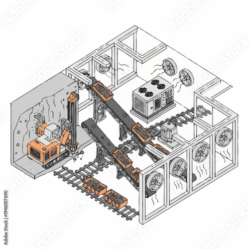 Industrial Mining Operation with Conveyor Systems and Trains.