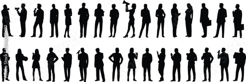 Silhouette business professionals, corporate communication team, diverse men and women, holding microphones, megaphones, briefcases, workplace media illustration